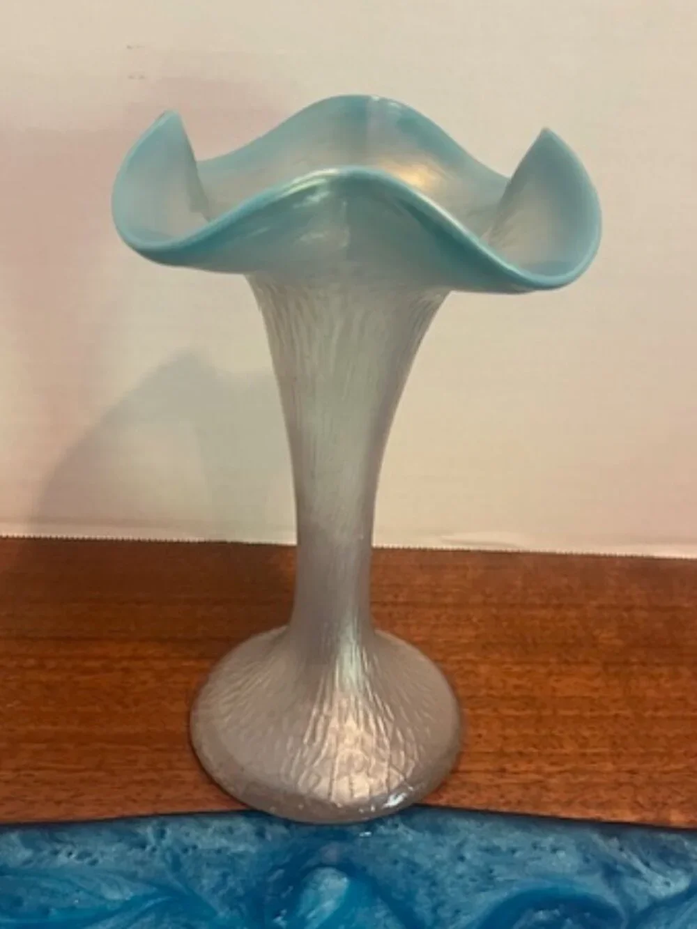 Kralik Martele Blue Ruffle Edge Iridescent Vase Bohemian Art Glass Vintage